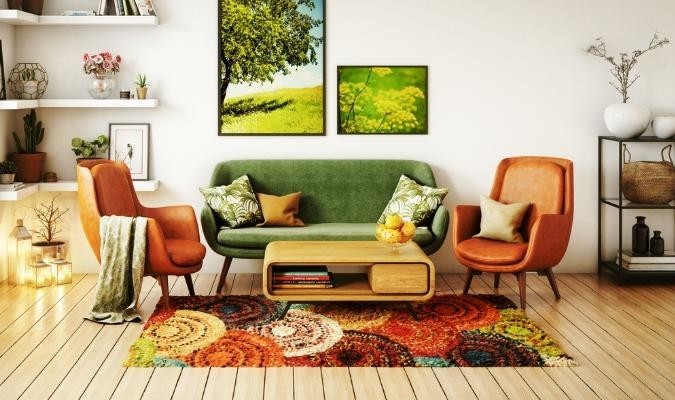 A seventies style living room using upcycled chairs