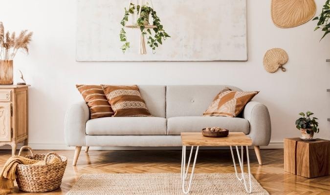 Sustainable living room with beige sofa