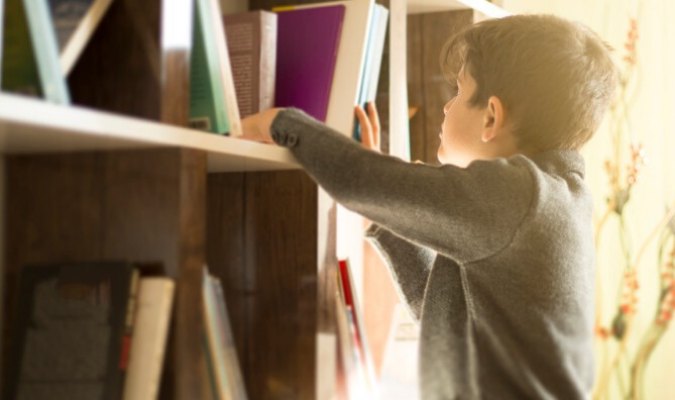 Boy Looking Through Upcycled Bookcase