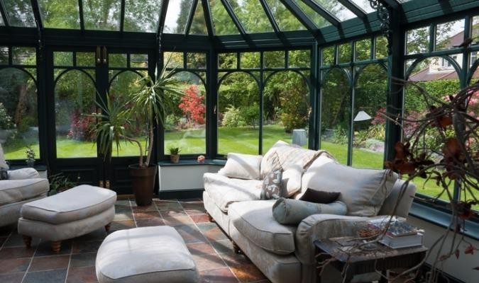 Modern conservatory with white sofa fabric