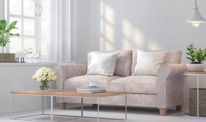 Velvet Reupholstered Sofa In Sunlight