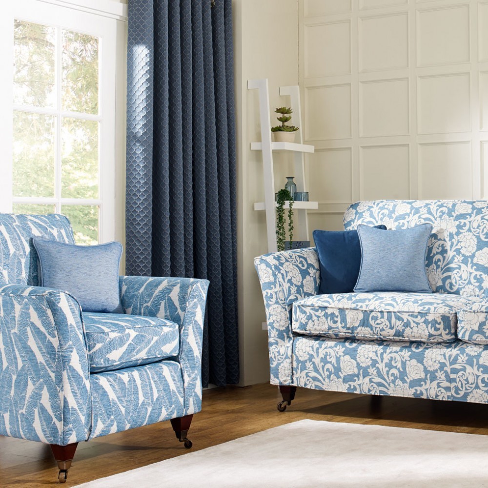 Blue curtains and furniture covers