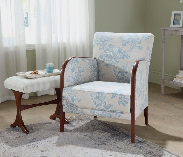 Sorilla Damask Delft handcrafted armchair reupholstery